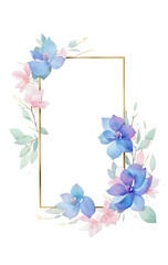 Golden frame border with watercolor magnolia flowers and eucalyptus leaves on transparent background, generative ai