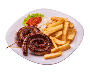 sausage with pork and french fries. isolated white background