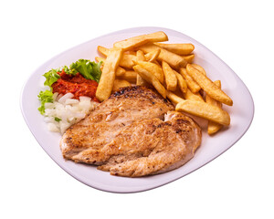 chicken breast with french fries. isolated white background