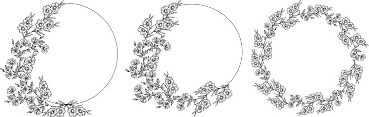 Hand drawn vector frame. Floral wreath with leaves for wedding and holiday. Decorative elements for design. Isolated