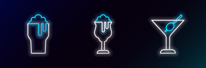 Set line Martini glass, Glass of beer and icon. Glowing neon. Vector