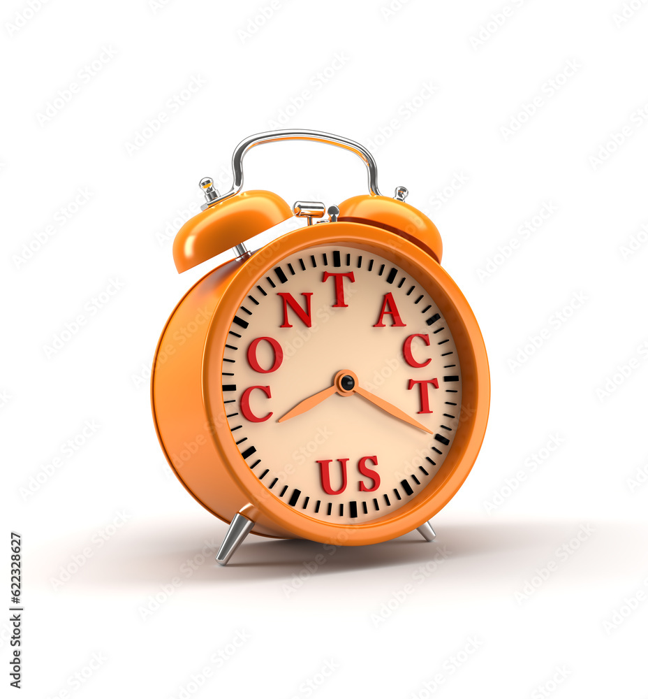 Poster alarm clock with contact us words and clipping path.