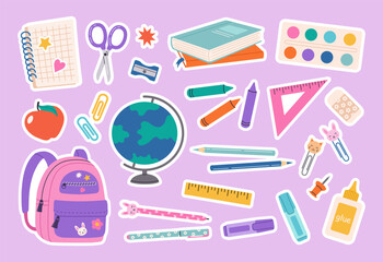 Fototapeta Set of school supplies and education stickers. Back to school. Backpack, books, globe, paints, ruler, pen, pencil. Suitable for prints, cards, paper crafts, scrapbooking. obraz