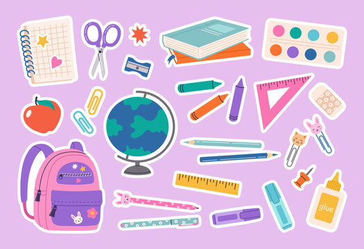 Set of school supplies and education stickers. Back to school. Backpack, books, globe, paints, ruler, pen, pencil. Suitable for prints, cards, paper crafts, scrapbooking.