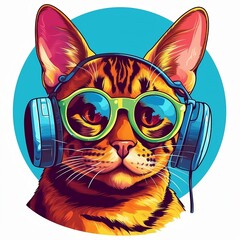 Funky cartoon Bengal cat with headphones and glasses listening to music with vintage retro styling with a white background. Created using generative AI.