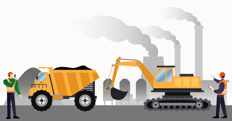 Obraz na płótnie Canvas dump truck, yellow mining truck for coal anthracite vector illustration, excavator digging coal mine in quarry area vector illustration, Mine workers arrange the transport of coal mines, coal industry