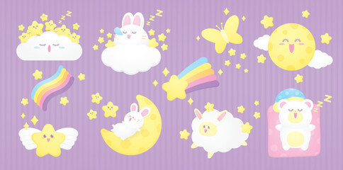 cute sweet pastel kawaii cartoon graphic vector set in night time theme