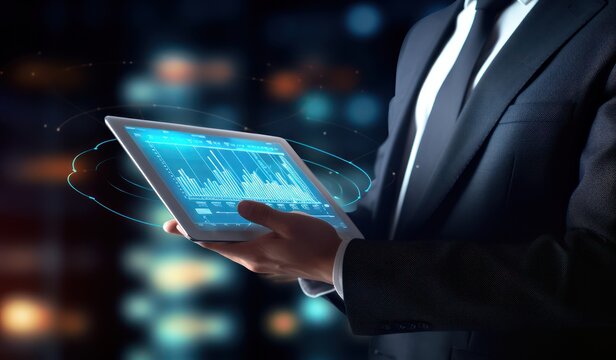 businessman holding a tablet with stock portfolio graphs and charts stock photo