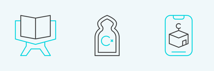 Set line Star and crescent, Holy book of Koran and Muslim Mosque icon. Vector