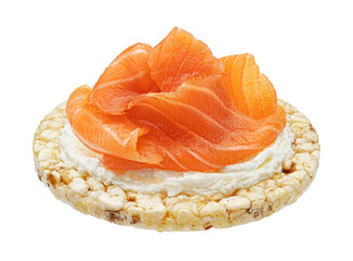 Puffed rice cake with salmon slices isolated on white background