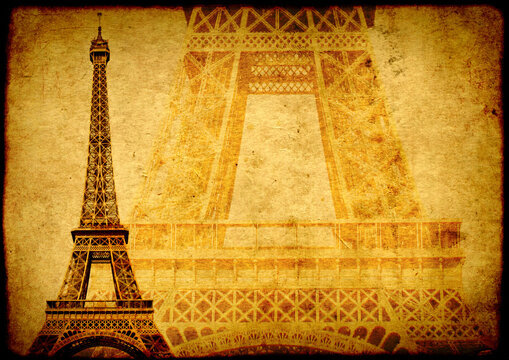 Grunge background with paper texture and landmark of Paris - Eiffel tower