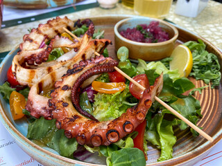 Delicious gourmet grilled octopus with salad