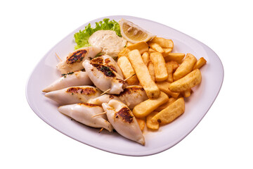 dish with stuffed squid and french fries. isolated white background