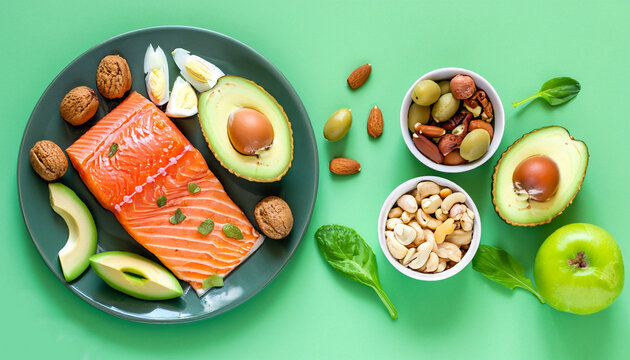 Keto diet concept - salmon, avocado, eggs, nuts and seeds, bright green background, top view