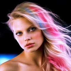 Fototapeta premium Gorgeous woman with colorful highlights in her hair. Great for articles about beauty, hair fashion, salon, cosmetics, skin care, hair care, hair products, fashion, trends, grooming etc.