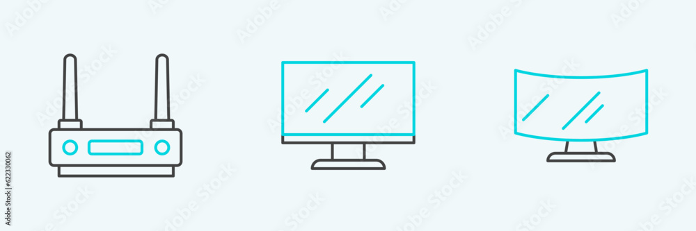Poster set line computer monitor screen, router and wi-fi signal and icon. vector