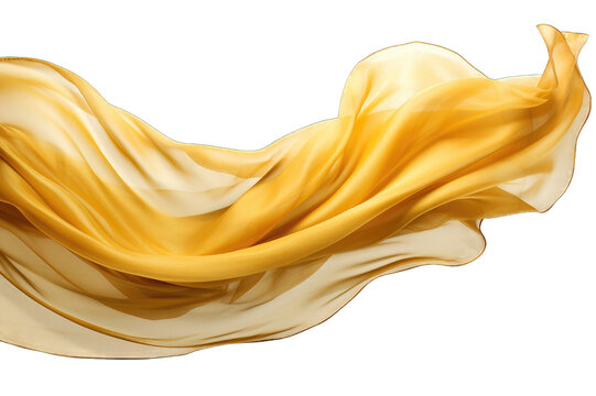 Silk scarf flying in the wind. Waving yellow satin cloth isolated on transparent background