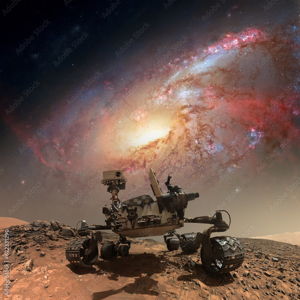 Poster curiosity rover exploring the surface of mars. retouched image. elements of this image furnished by 