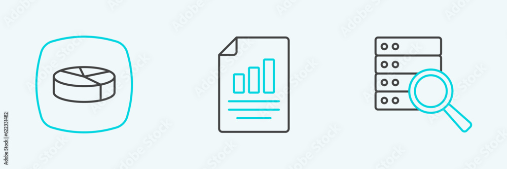 Poster set line server, pie chart infographic and document with icon. vector