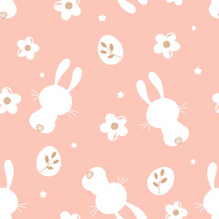 Seamless pattern with bunny rabbit cartoons, Easter egg and cute flower on orange background.