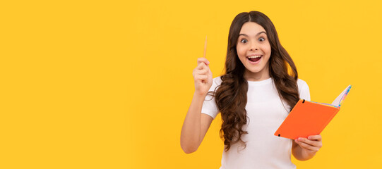 inspired school child ready to study making notes in workbook. Portrait of schoolgirl student, studio banner header. School child face, copyspace.
