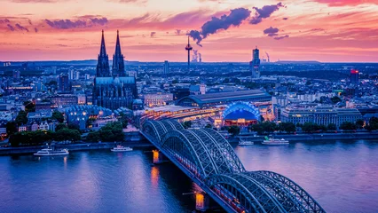 Peel and stick wall murals North Europe Cologne Koln Germany during sunset, Cologne bridge with the cathedral. beautiful sunset at the Rhine river