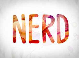 The word "Nerd" written in watercolor washes over a white paper background concept and theme.