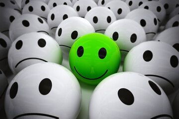 3D Rendering green ball with smiley face among so many white sad balls. happy leader supports his negative team