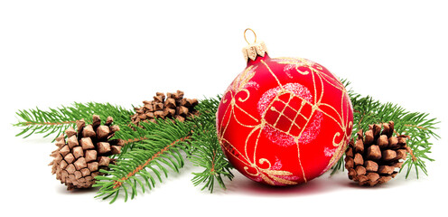 Christmas decoration ball with fir cones and fir branches isolated on a white background