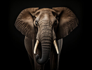 Fototapeta na wymiar Portrait eines Elefanten / Elefant vor schwarzem Hintergrund erstellt mit generativer KI
