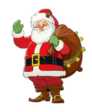 Santa Claus with gift sack. Christmas. Raster illustration, isolated white background. Winter holiday. New year celebrating. Xmas cartoon character.