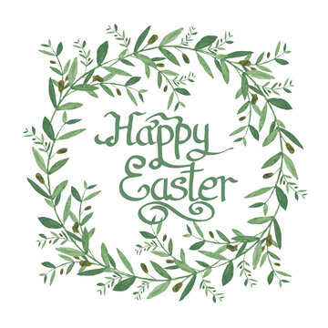Happy Easter Text inside Watercolor olive wreath. Isolated illustration on white background. Organic and natural concept. Isolated on White Background. Easter Design Element for Your Works