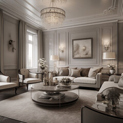 Luxury living room interior design in classic style. 3D render.Generative AI