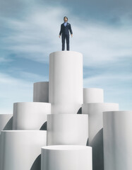 Man standing in top of a cylinder. This is a 3d render illustration