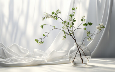 An unoccupied white counter table with flowing sheer fabric curtains, accompanied by a glass vase with tree branches, all bathed in sunlight—a perfect backdrop for showcasing luxury cosmetic products.