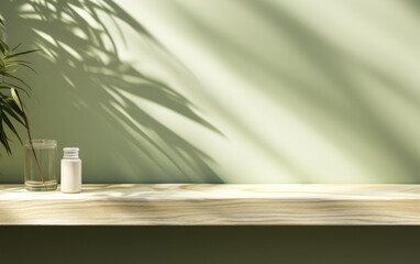 A modern, minimalist white marble counter table, sunlight with leaf shadows, green wall background. Perfect for showcasing luxury organic cosmetic, skincare and beauty treatment products