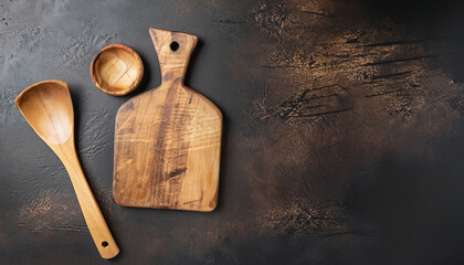 Abstract food background. Top view of dark rustic kitchen table with wooden cutting board and cooking spoon, frame. Banner or template with copy space for your design. Kitchen utensils objects - obrazy, fototapety, plakaty