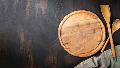Fototapeta premium Abstract food background. Top view of dark rustic kitchen table with wooden cutting board and cooking spoon, frame. Banner or template with copy space for your design. Kitchen utensils objects