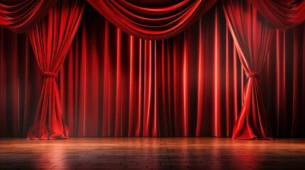 Glamorous Performance Setting: Closed Red Satin Curtain, Maroon Stage, Spotlight, 3D Background