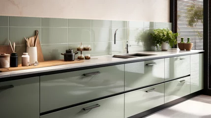Fotobehang Chinese Muur Modern kitchen with luxurious sage green counter, induction cooktop, cupboards, white tile splashback, marble floor in sunlight—a great 3D interior product background.