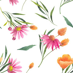 Watercolor seamless pattern with floral wildflowers, plants and delicate branches, watercolor print isolated on white background for textile or wallpapers, illustration in provence style.