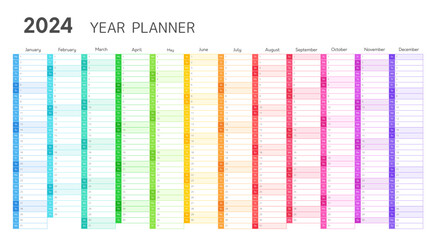 Year planner, 2024 wall calendar for monthly and daily agenda. Planner template with twelve months in rainbow colors, vector illustration
