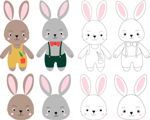 set of rabbits characters on white background vector
