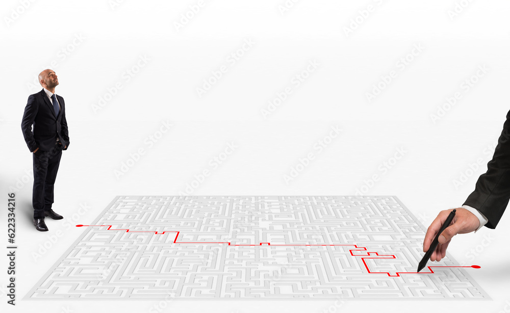 Poster 3d rendering hand draws with red pen the right way out of the maze