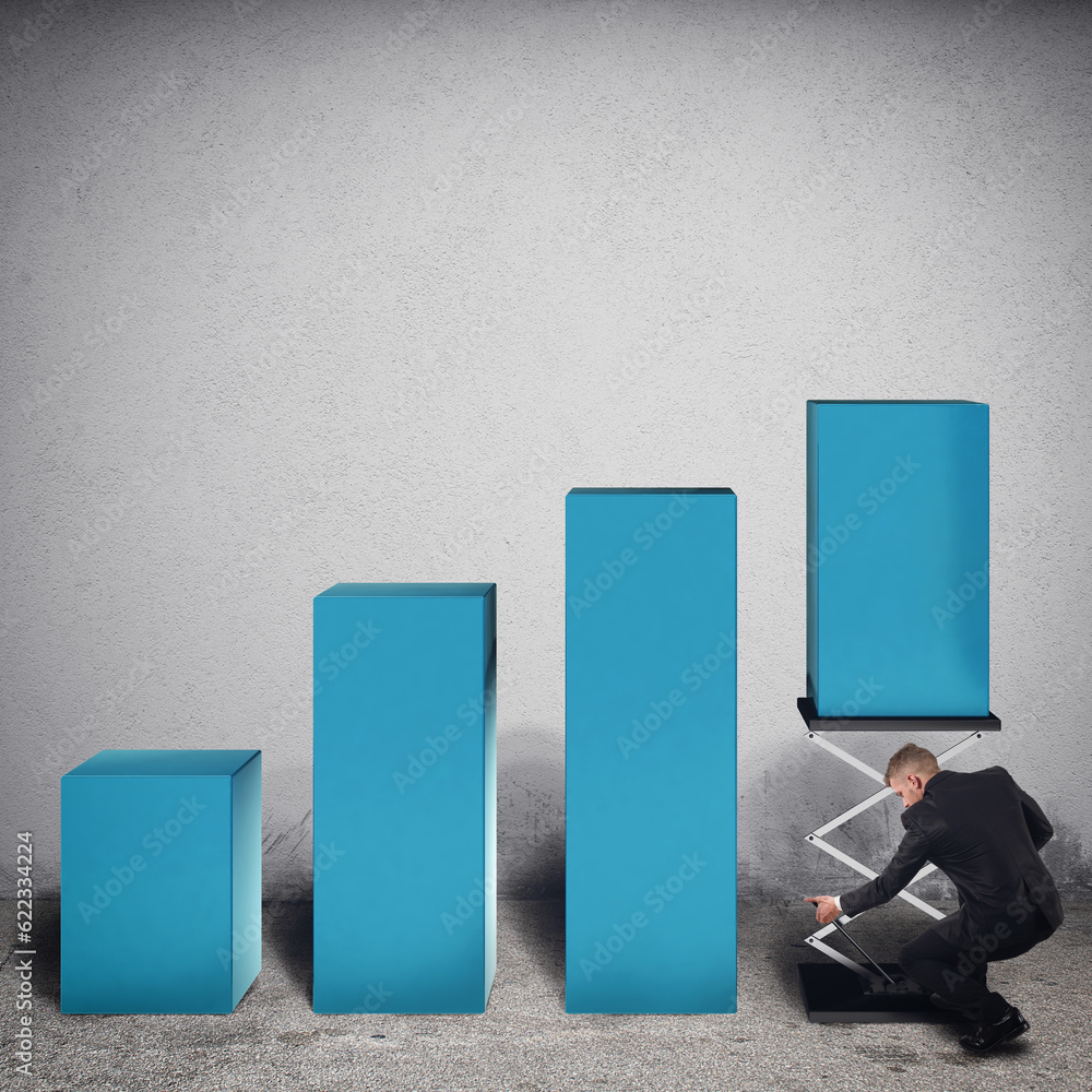 Poster businessman tampers a step of statistic lifting it with a spring to increase profits. 3d rendering