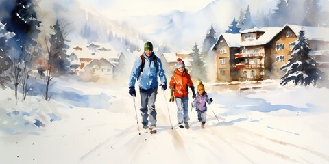 people during sport at a ski resort in winter. ai generative.