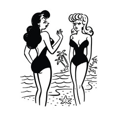 Two girls in swimsuits on the beach. Vector illustration. Black and white