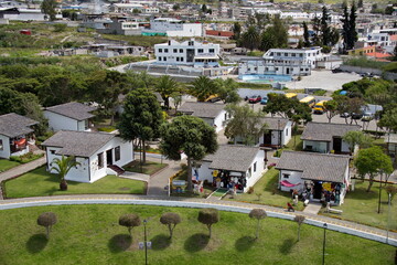 Overhead view of gift shops from the Equator Monument, at the Mitad del Mundo park in the suburbs of Quito, Ecuador