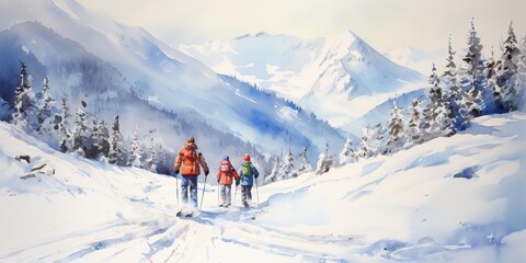 Naklejka na ściany i meble family during winter sport at a ski resort in winter. ai generative.