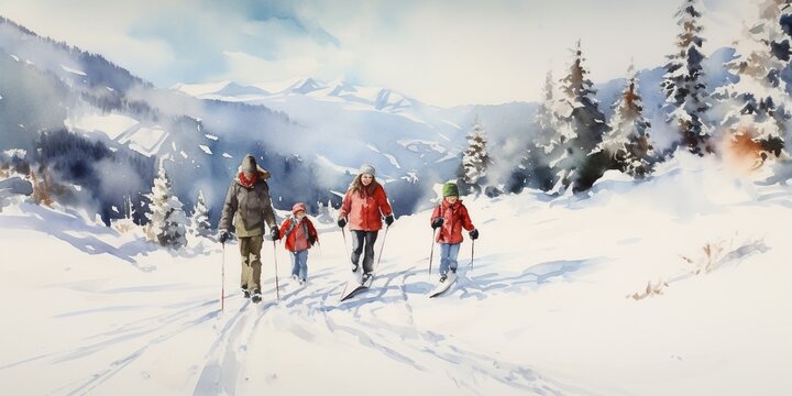 family during winter sport at a ski resort in winter. ai generative.